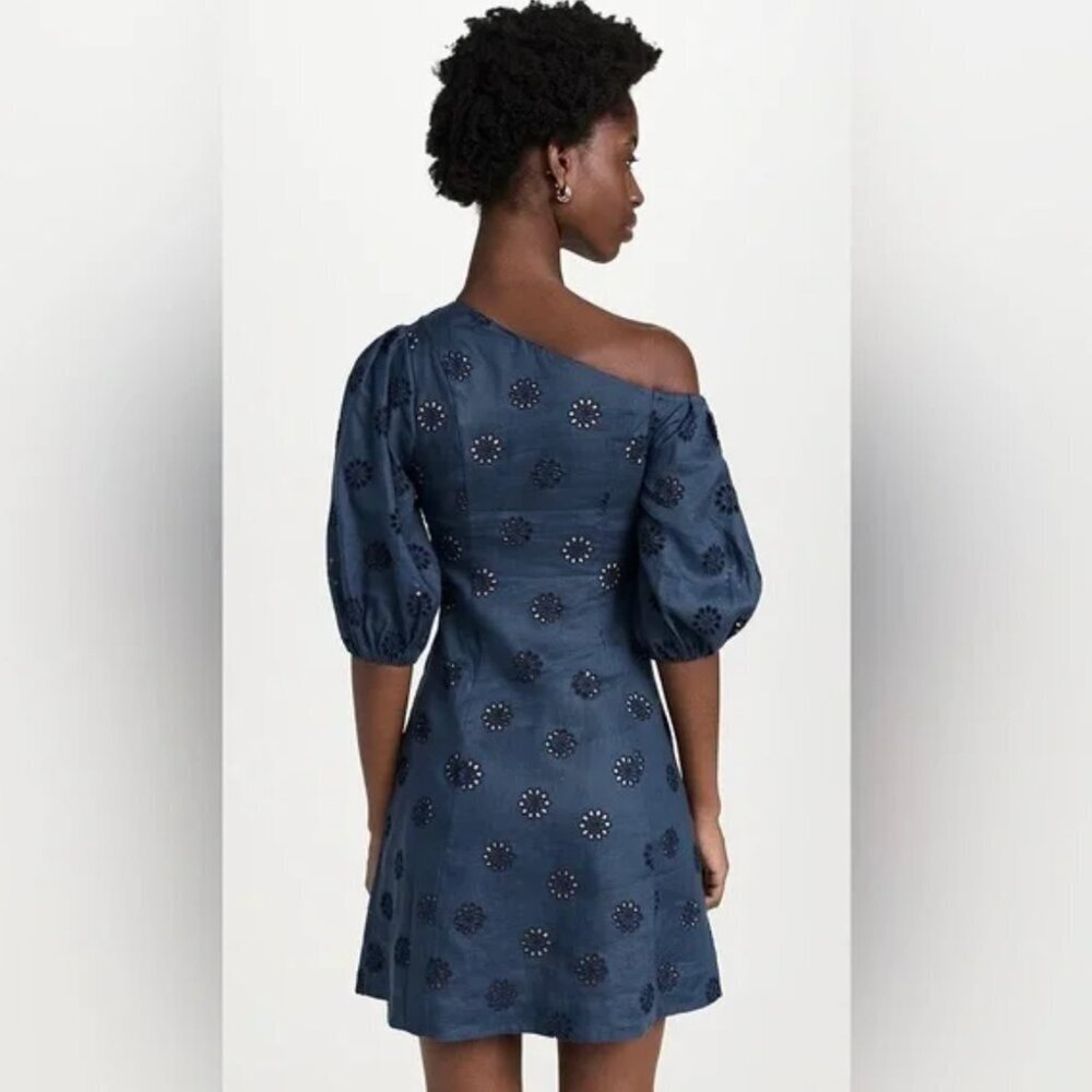 Figue Darcy Dress Linen Eyelet Floral Off The Shoulder Mini Navy Blue Size 8 - Picture 6 of 11
